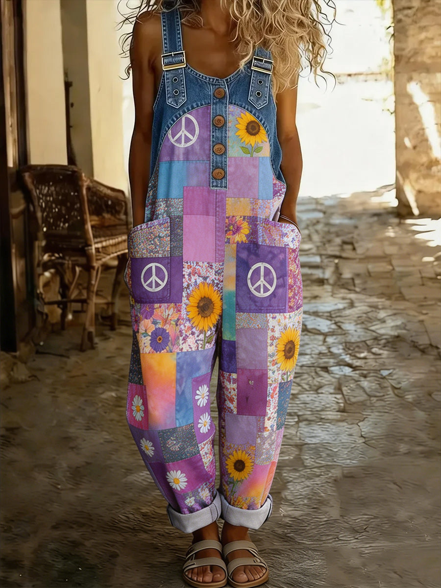 Women's Retro Style Art Print Washed Cotton Denim Patchwork Jumpsuit